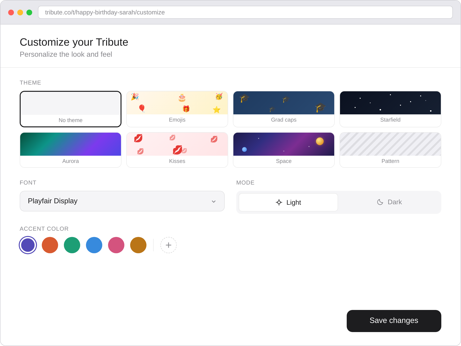 Customize your Tribute — theme, accent color, font, and light or dark mode