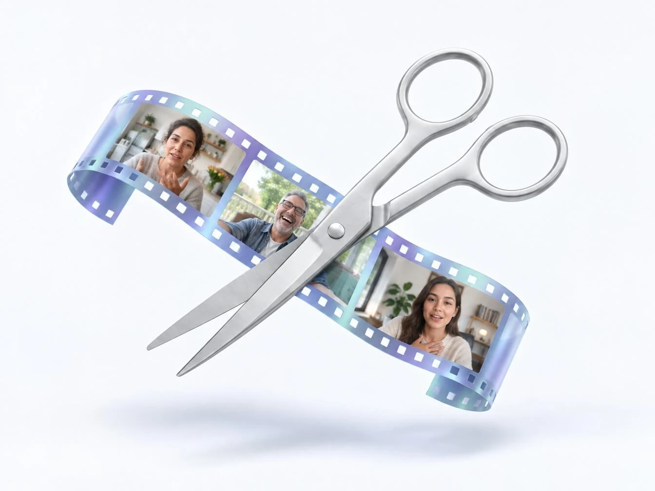 Scissors cutting a strip of film that holds frames of people recording video messages