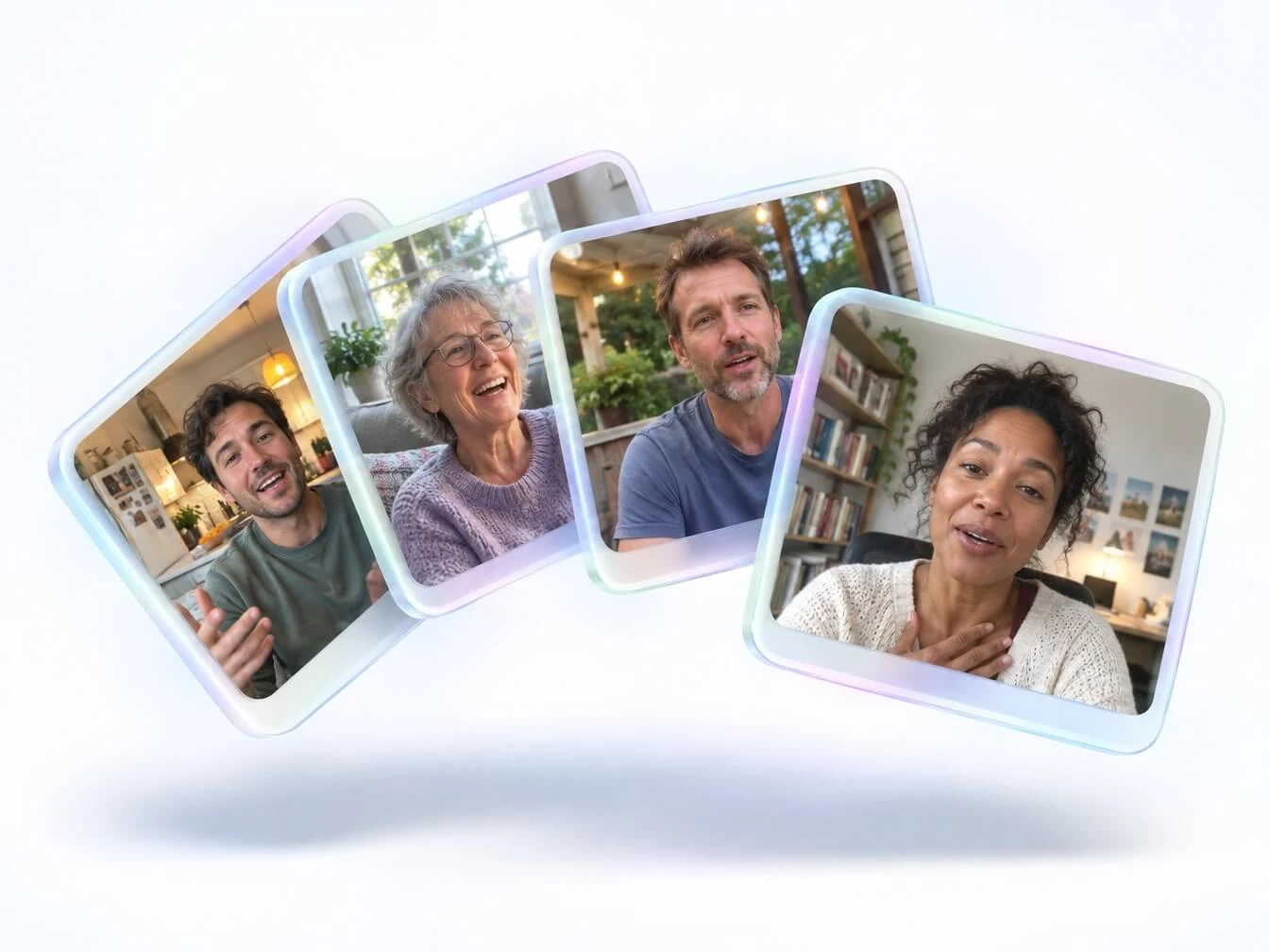 Four glass-framed video messages showing people talking in different home and outdoor settings